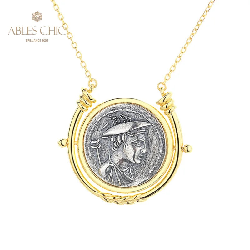 Greek Deity Silver Coin Pendant - 18K Gold 925 Silver Rotating