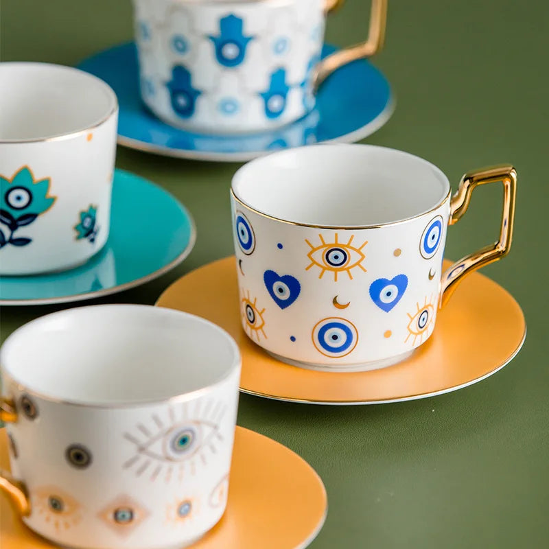 Blue Eyes Coffee Mug Set with Saucers