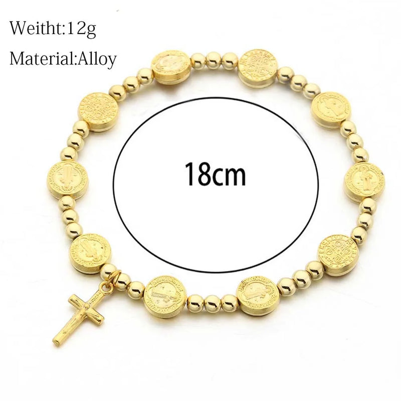 Golden Rosary Bead Bracelet with Cross Pendant