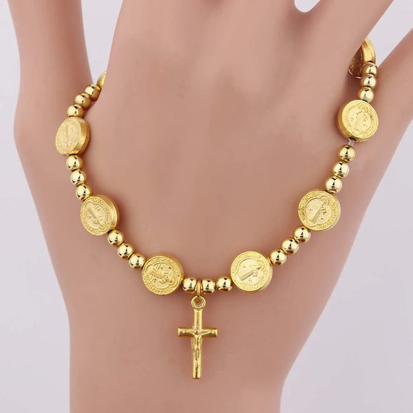 Golden Rosary Bead Bracelet with Cross Pendant