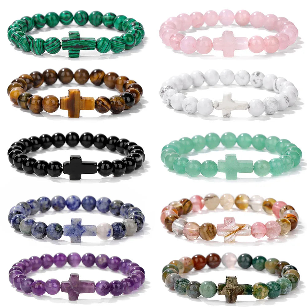 Natural Stone Cross Beaded Bracelet