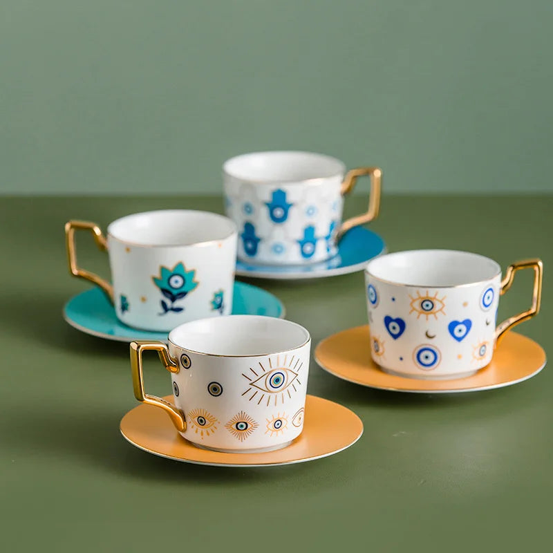 Blue Eyes Coffee Mug Set with Saucers