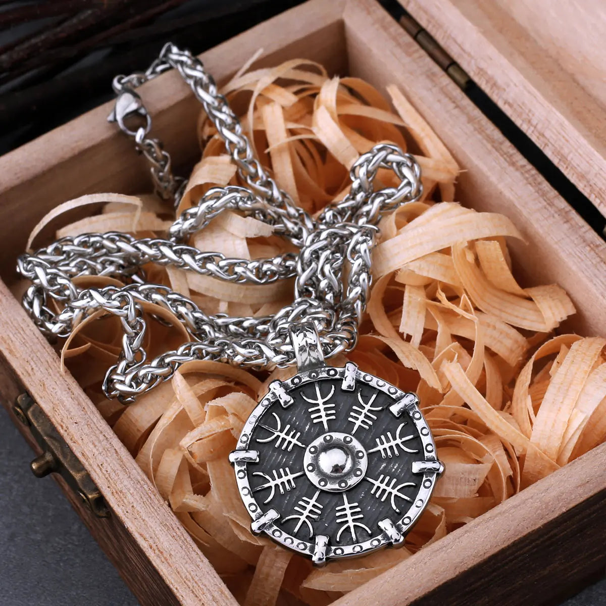 Vintage Stainless Steel Viking Rune Compass Necklace