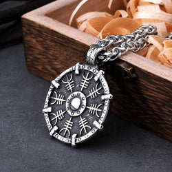 Vintage Stainless Steel Viking Rune Compass Necklace