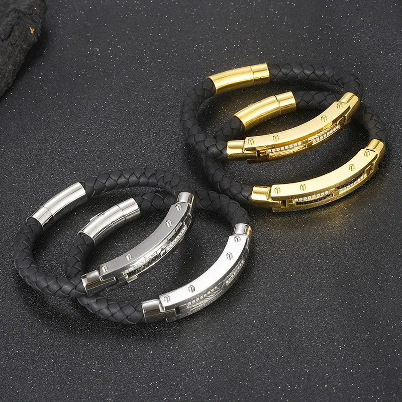 Stainless Steel Gold-Plated Leather Bracelet 