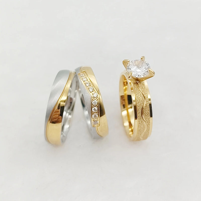 Exotic Golden Wedding & Engagement Rings Set