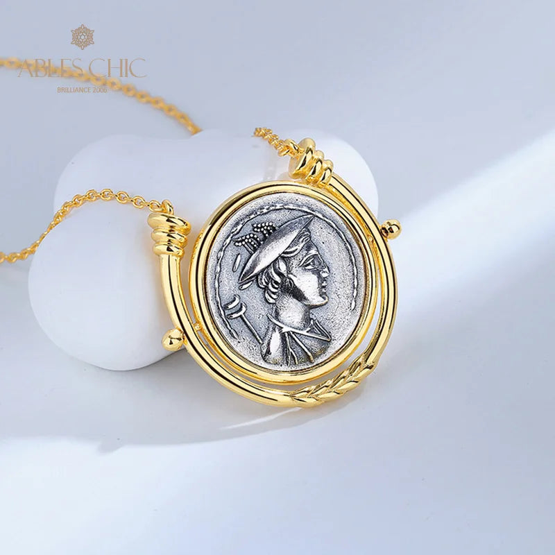 Greek Deity Silver Coin Pendant - 18K Gold 925 Silver Rotating