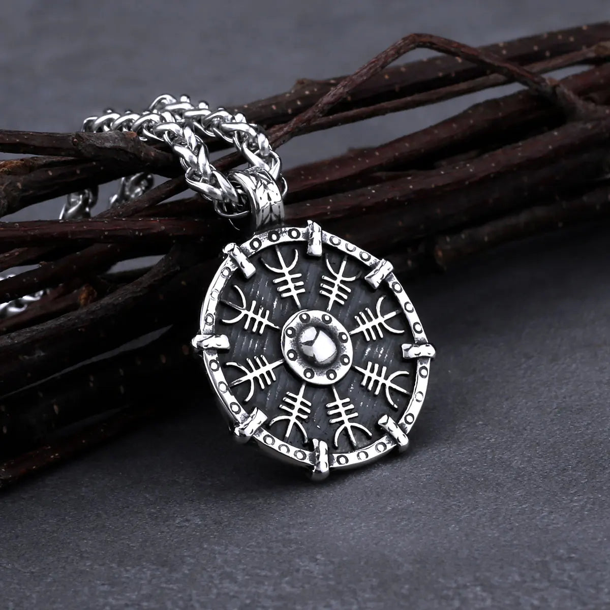 Vintage Stainless Steel Viking Rune Compass Necklace