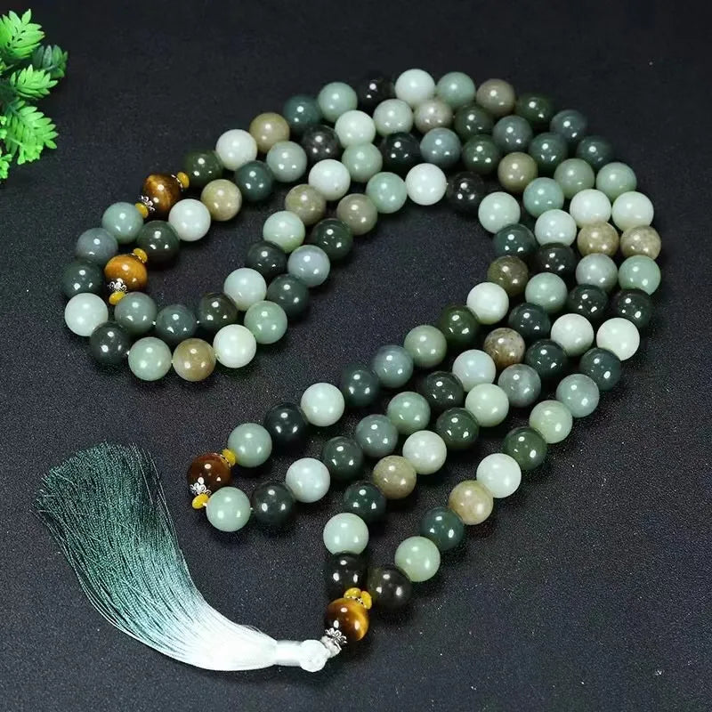 Natural Green Hetian Jade 108 Beads Necklace