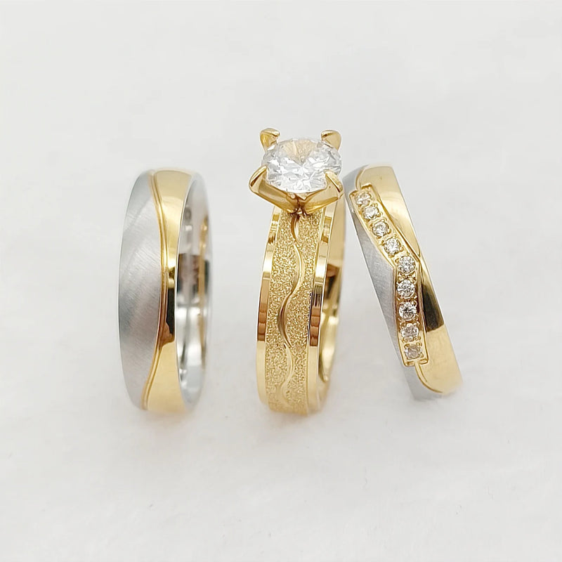 Exotic Golden Wedding & Engagement Rings Set