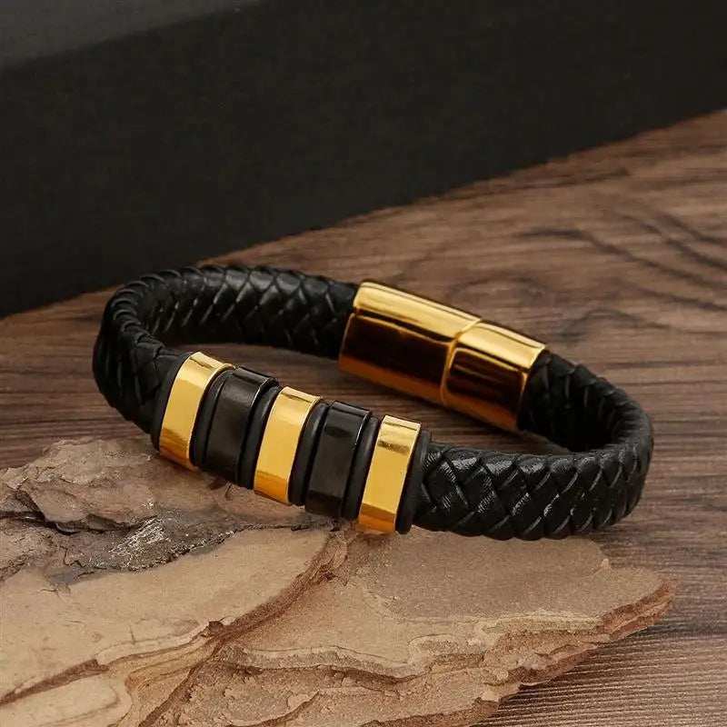 Men's Gold-Plated Leather Bracelet 