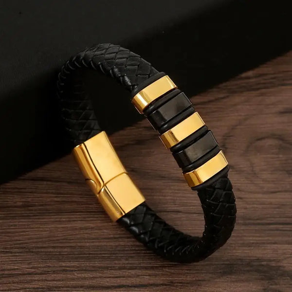 Men's Gold-Plated Leather Bracelet 