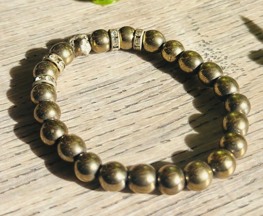 Pyrite Bracelet with Tiger Charm – 8mm Beads