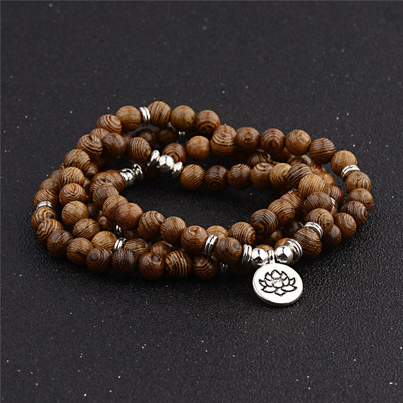Multilayer 108 Wood Beads Lotus OM Bracelet Tibetan Buddhist Mala Buddha Charm Rosary Bracelet Yoga Wooden For Women Men
