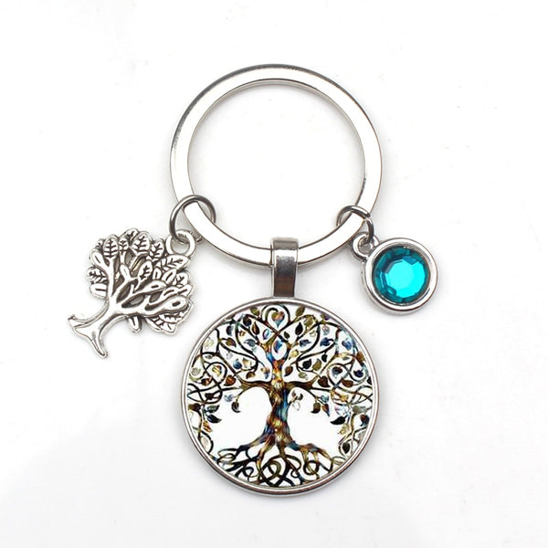 SUPERFINDINGS 6pcs Tree of Life Keychain Natural Crystal Stone Handmade DIY Keychain Charm Pendant Flat Round with Tree Gemstone
