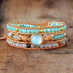 Natural Opal Stone Rhinestone 3 Rows Leather Wrap Women Bracelets