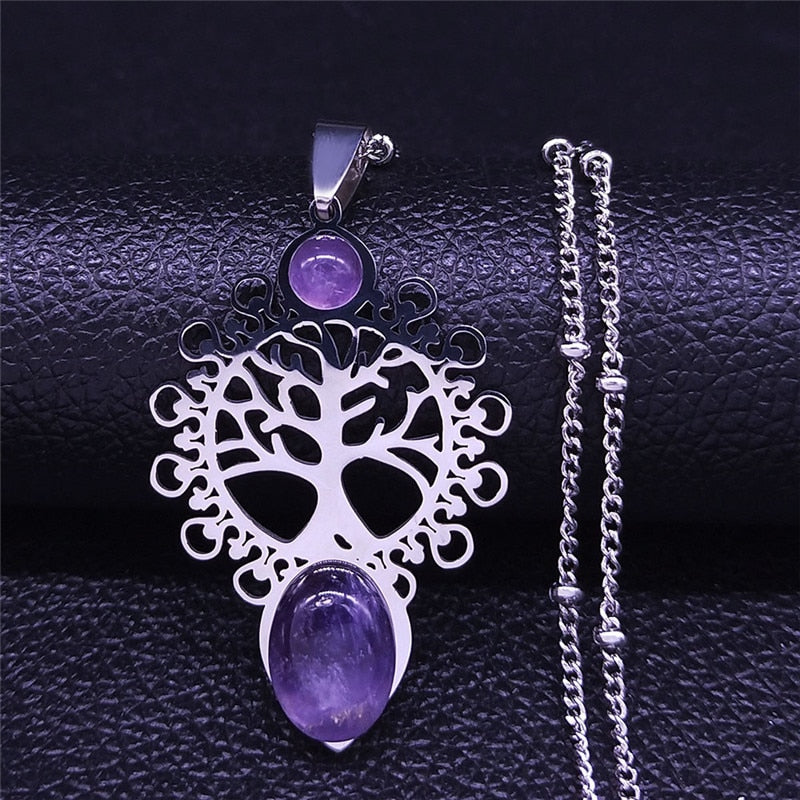 Bohemia Tree of Life Stainless Steel Purple Crystal Necklace