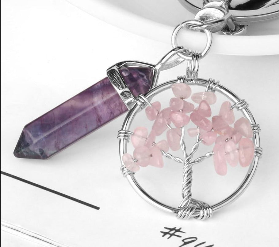 Natural Stone Fluorite Tree of Life Pendants Keychain