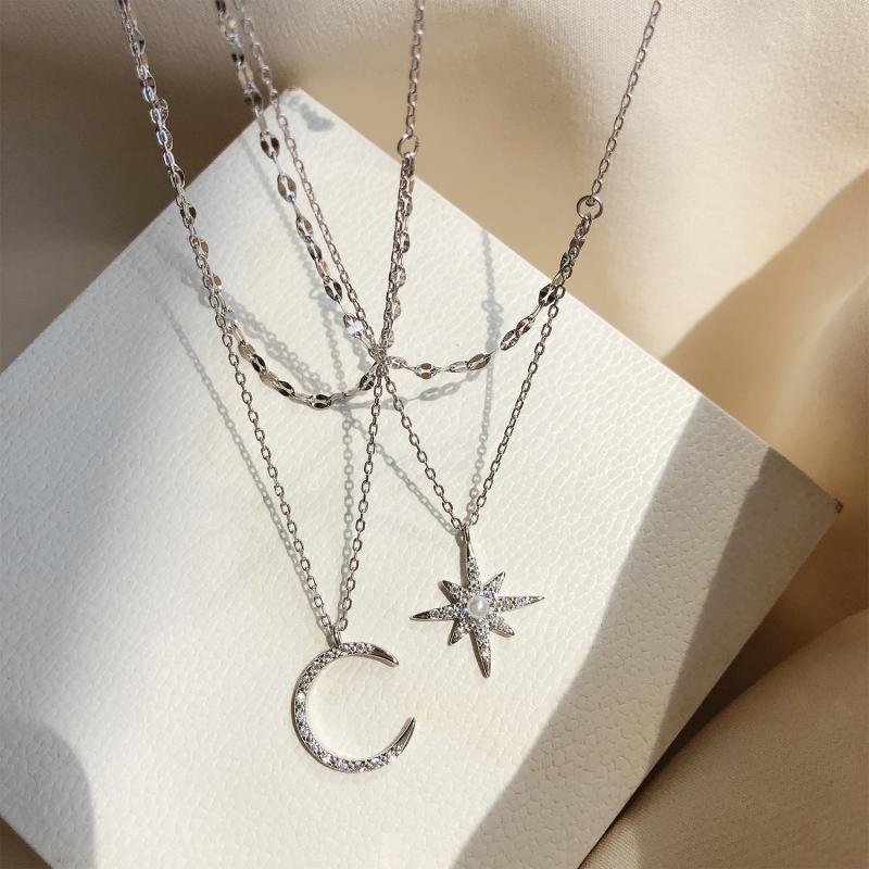 Silver Star Moon Double Necklace Women Clavicle Chain