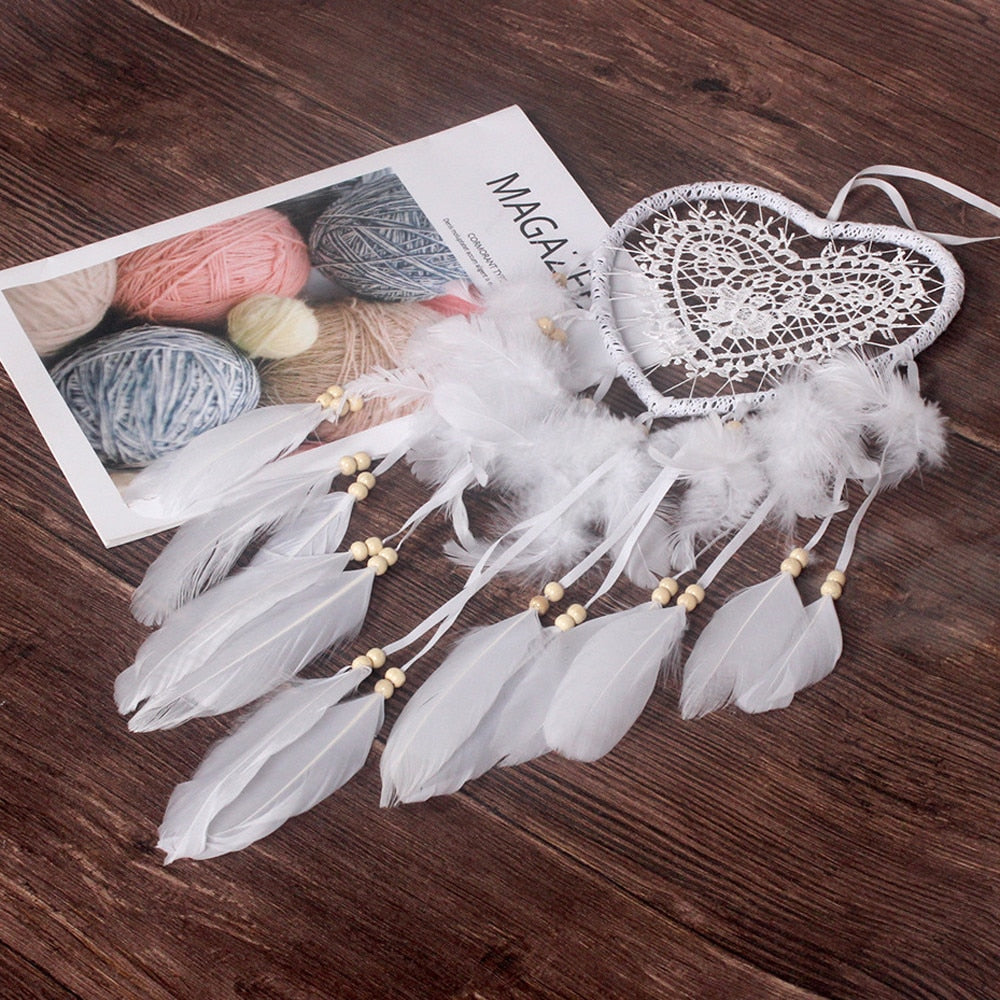 Handmade Lace Dream Catcher Feather Bead Hanging Decoration Ornament Gift Colorful Craft Dreamcatcher Heart Wind Chimes