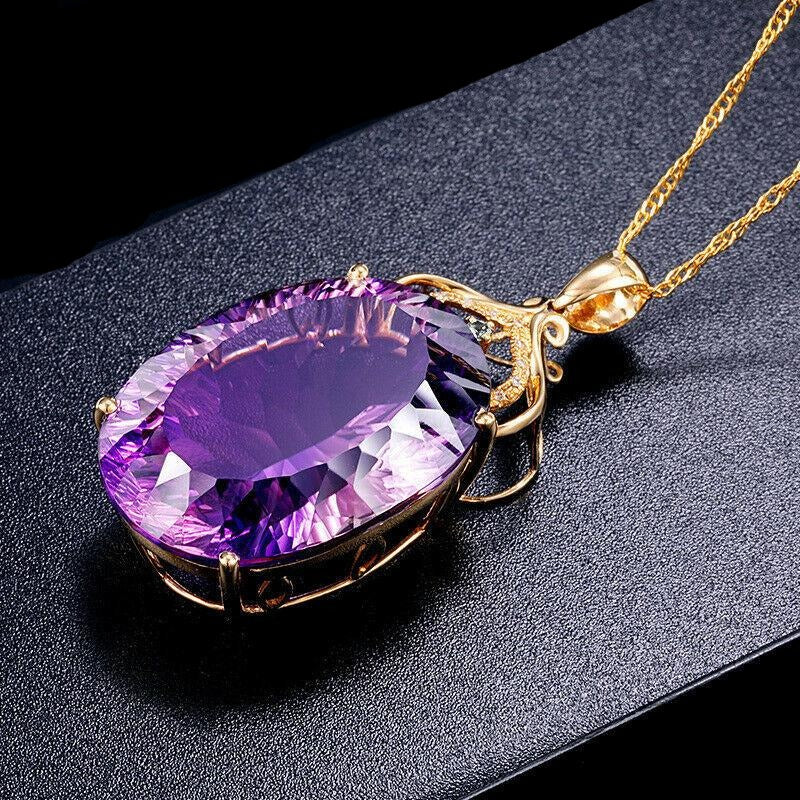 Amethyst Color Oval Crystal Pendant Necklace