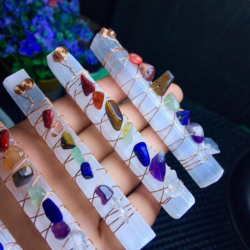 Chakra Healing Crystals Stones Beads Wire Wrapped Raw Selenite Stick