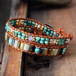 Femme Semi precious Stone 7 Color Crystals Leather Wrap Bracelet