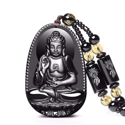 Amitabha Black Obsidian Carved Buddha Lucky Amulet Pendant