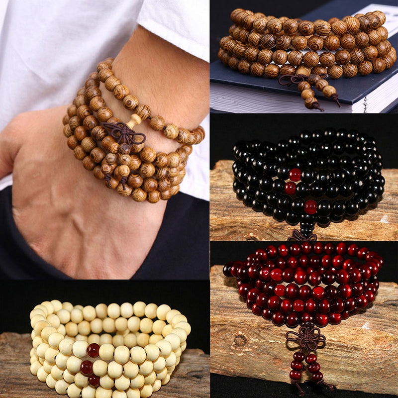 Multilayer 108 Wood Beads Lotus OM Bracelet Tibetan Buddhist Mala Buddha Charm Rosary Bracelet Yoga Wooden For Women Men