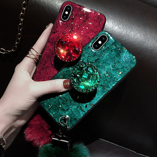 Crystal holder Stand+Fur Ball+Strap Phone case For iPhone