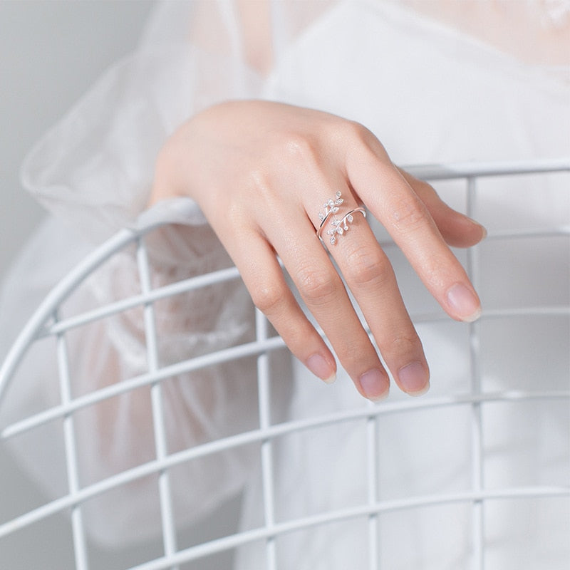 Sterling Silver Crystal Leaf Rings For Women Wedding Jewelry Adjustable Antique Finger Ring