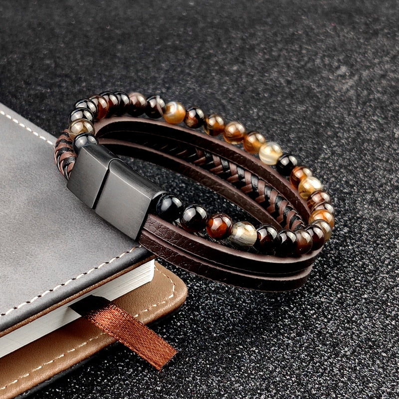 Beads Leather Natural Stone Charm Bracelet