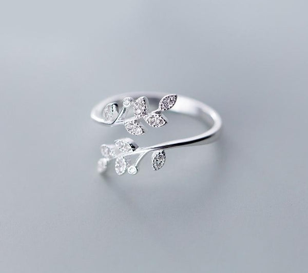 Sterling Silver Crystal Leaf Rings For Women Wedding Jewelry Adjustable Antique Finger Ring