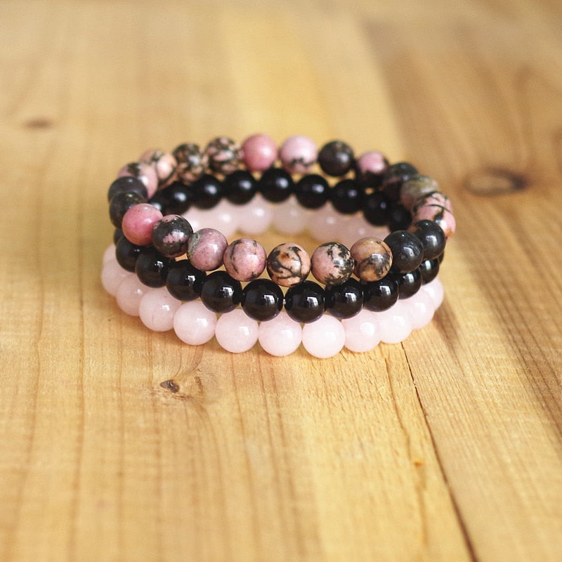 Rhodonite Rose Quartzs Black Onyx Beaded Stackable Wrist Mala Charm Bracelets