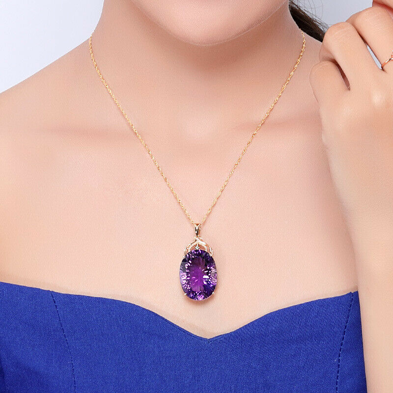 Amethyst Color Oval Crystal Pendant Necklace