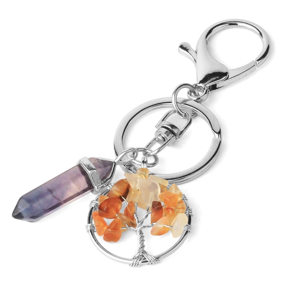 Natural Stone Fluorite Tree of Life Pendants Keychain