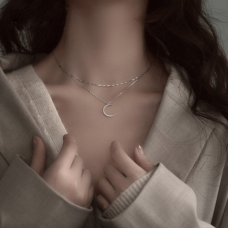 Silver Star Moon Double Necklace Women Clavicle Chain