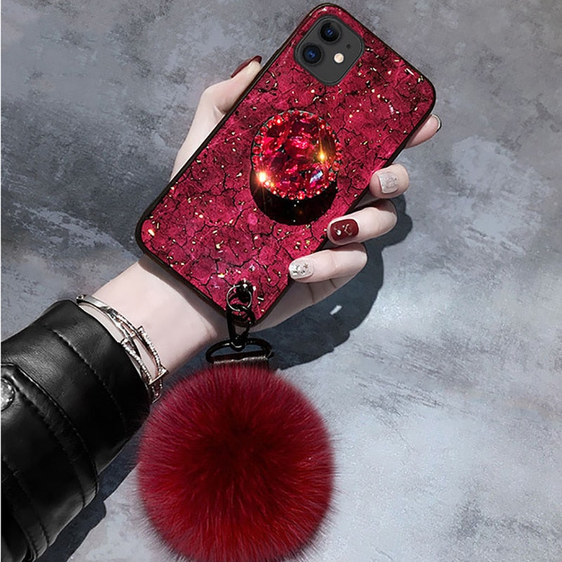 Crystal holder Stand+Fur Ball+Strap Phone case For iPhone