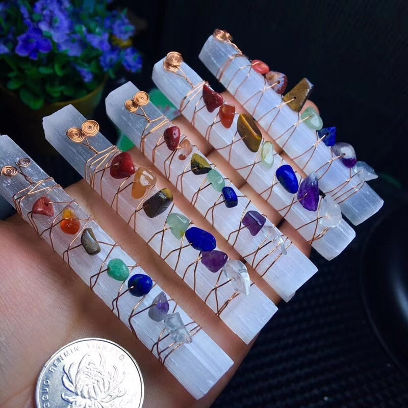 Chakra Healing Crystals Stones Beads Wire Wrapped Raw Selenite Stick