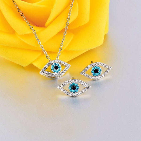 Blue Rhinestone Eye Necklace Earring