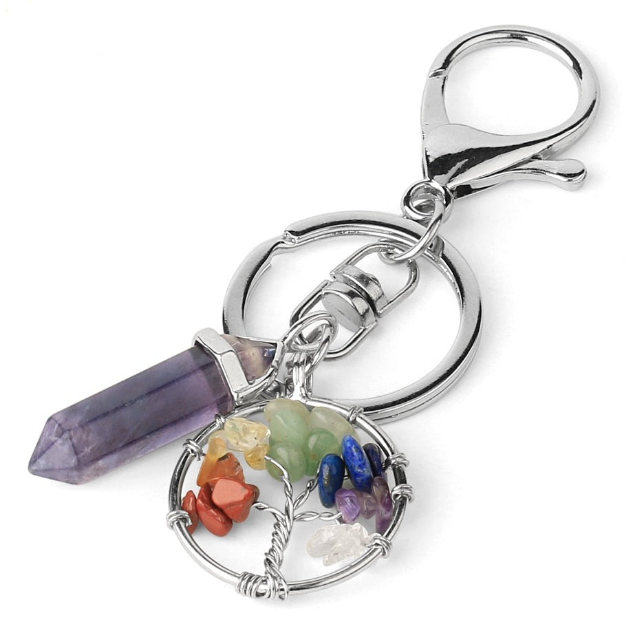 Natural Stone Fluorite Tree of Life Pendants Keychain