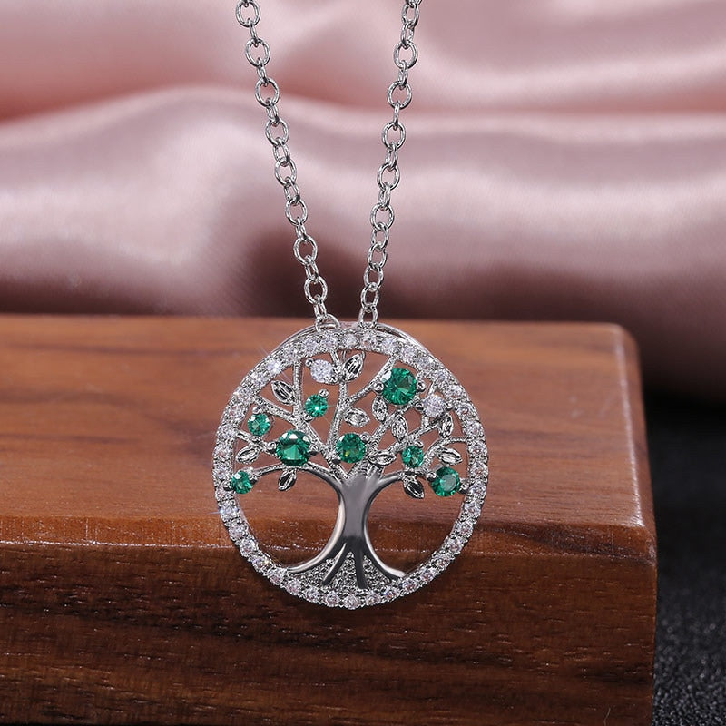 Tree of Life Zircon Round Pendant Necklace