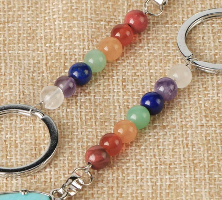 Tree of Life Keychain 7 Chakra Water Drop Natural Stone Key Holder
