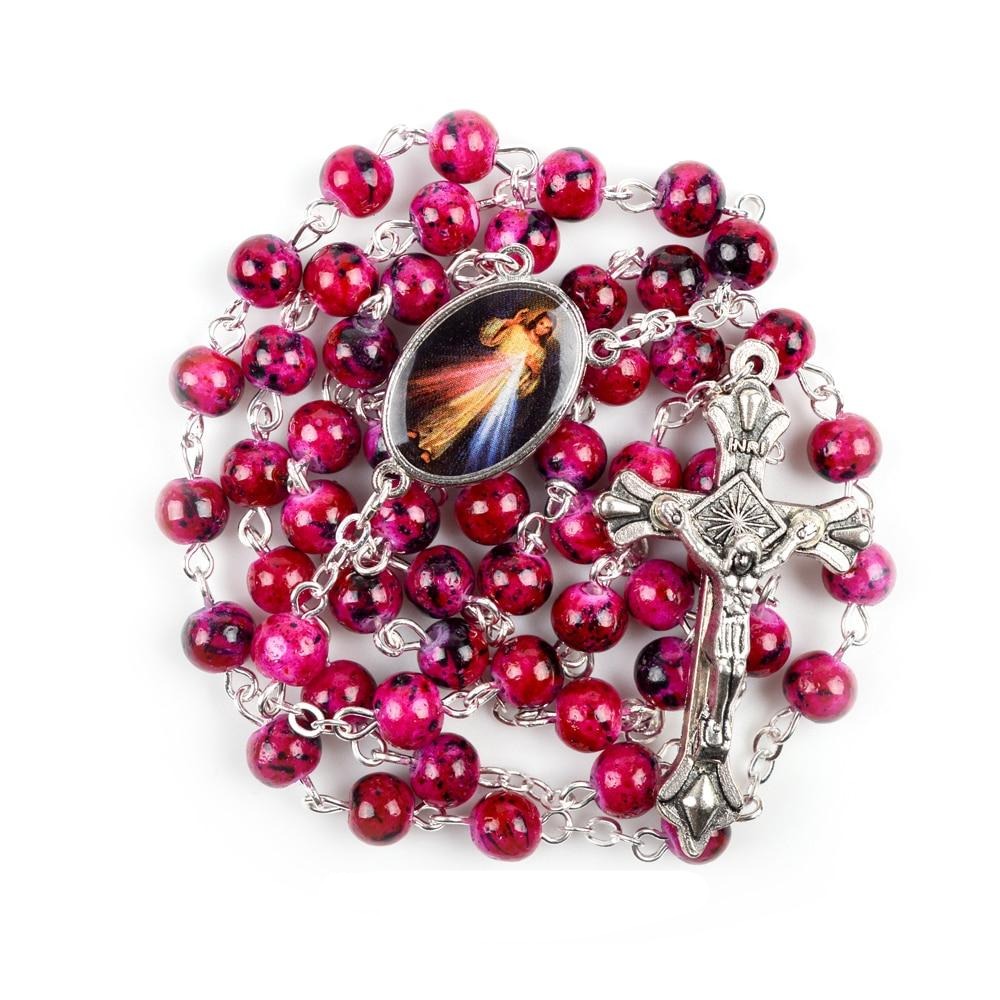 Catholic Rosary Small Size Round Blue Glass Beads Virgin Mary Jesus Necklace Women