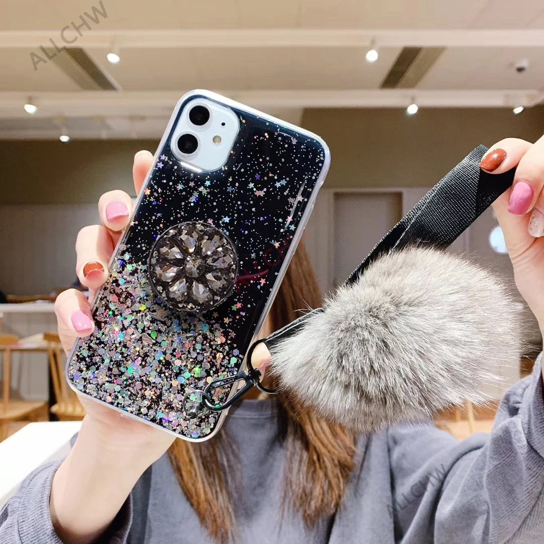 Crystal holder Stand+Fur Ball+Strap Phone case For iPhone