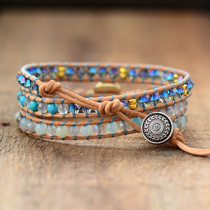 Natural Opal Stone Rhinestone 3 Rows Leather Wrap Women Bracelets