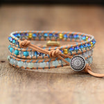 Natural Opal Stone Rhinestone 3 Rows Leather Wrap Women Bracelets