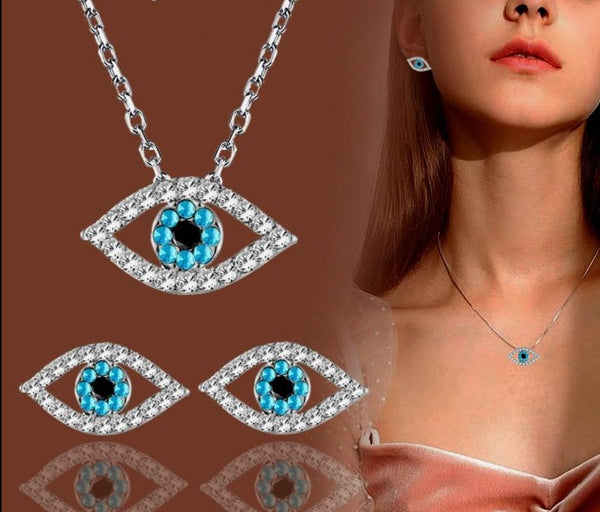 Blue Rhinestone Eye Necklace Earring