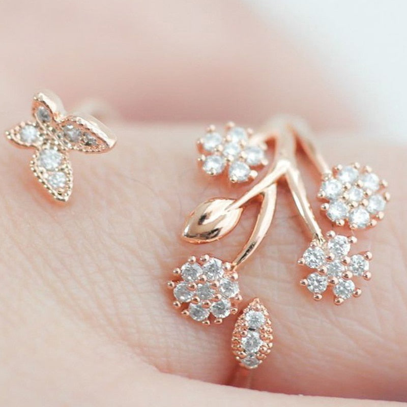 Luxury Crystal Butterfly Tree Leaf Wedding Rings