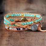 Natural Opal Stone Rhinestone 3 Rows Leather Wrap Women Bracelets